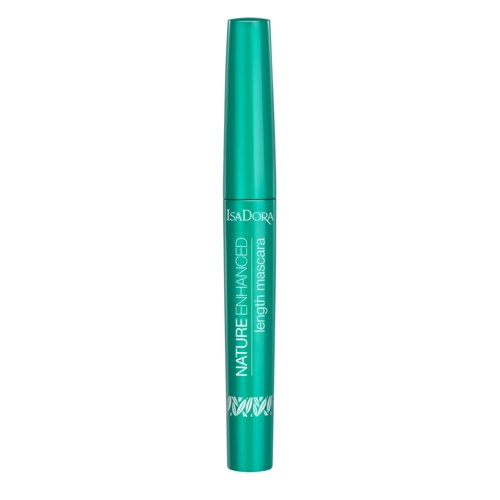 En tealfarget mascara-rør med hvit tekst, merket 'Nature Enhance' og 'Lengthen Mascara,' står oppreist.