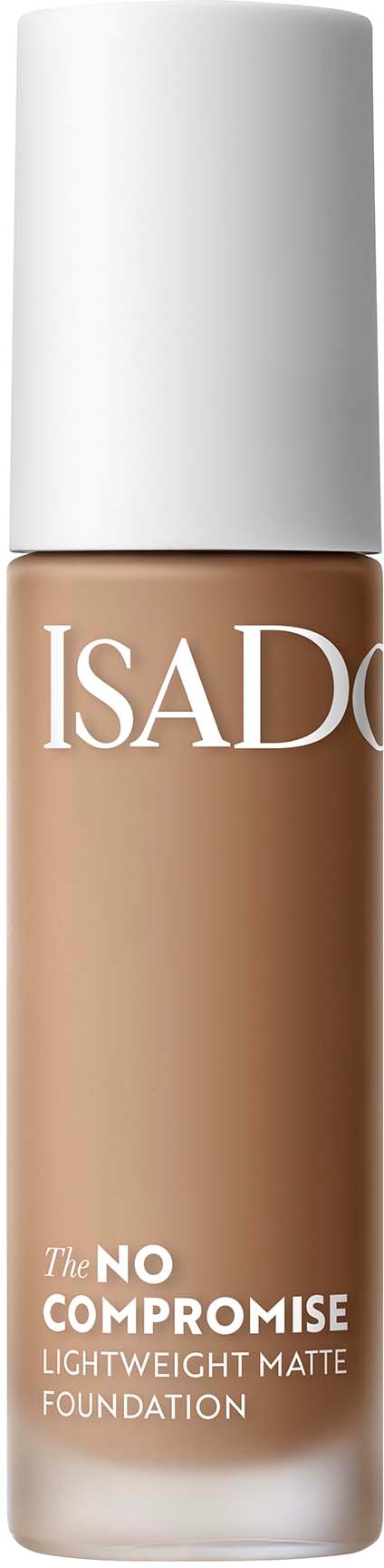 Flaska med ISADO lättmatta foundation med vit kork och beige vätska inuti.