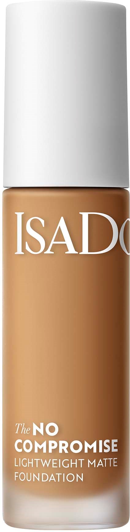 En flaska med ISAD lätt matt foundation med vit lock och beige vätska inuti.