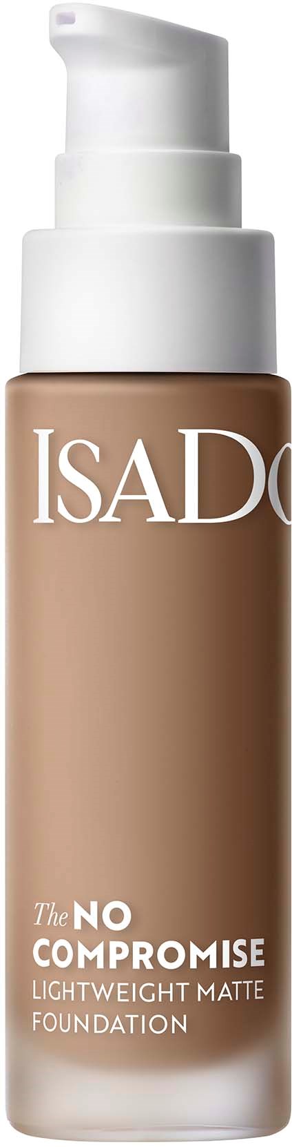 Een fles Isaac Lightweight Matte Foundation met witte pomp, beige fles en witte tekst.
