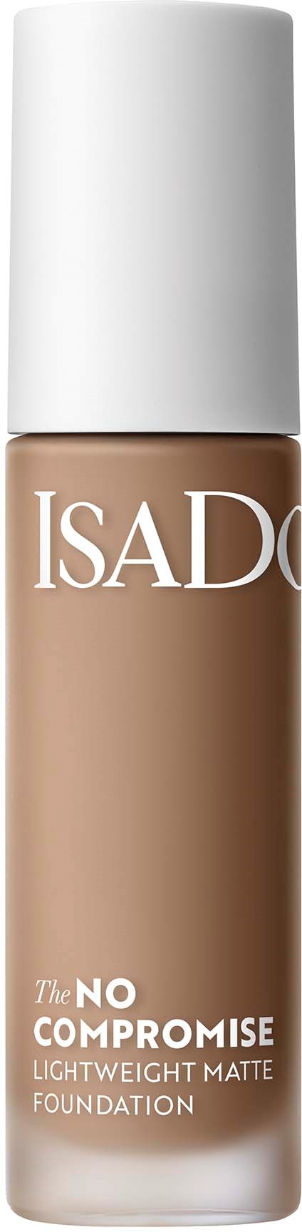 Een flesje ISAD make-up foundation, gelabeld als lichtgewicht matte foundation, in beige kleur met witte dop.