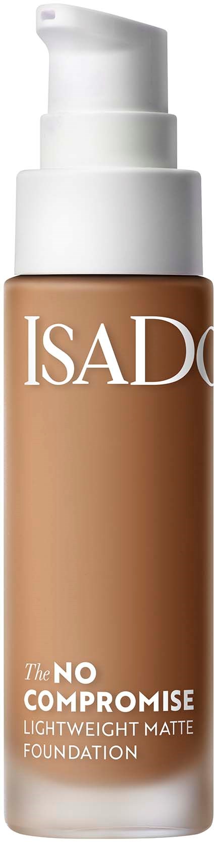 En flaska av Isadore foundation med pump, märkt "The No Compromise Lightweight Matte Foundation."