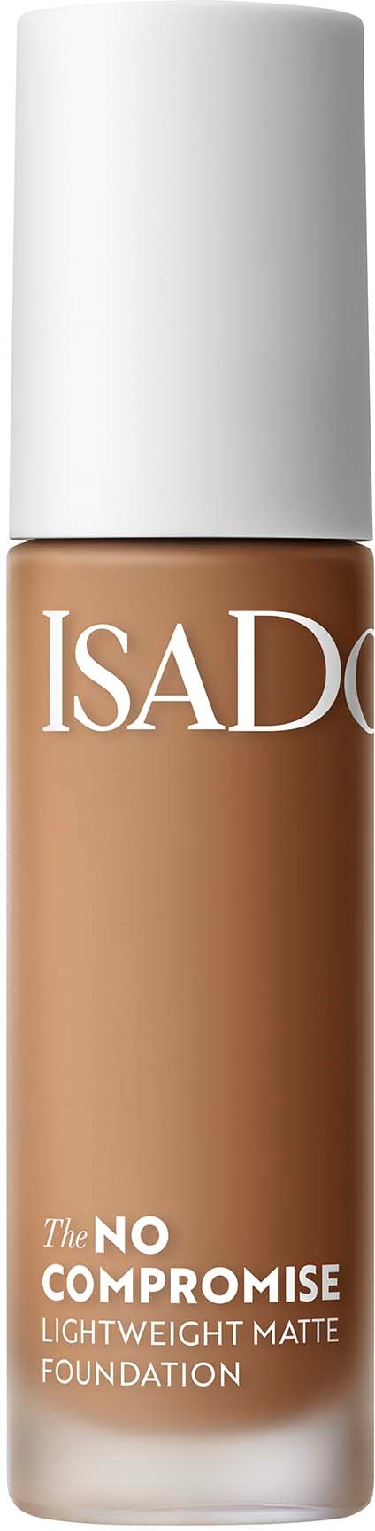 En flaska ISAD lättviktsmatta foundation med vit kork och beige vätska inuti.
