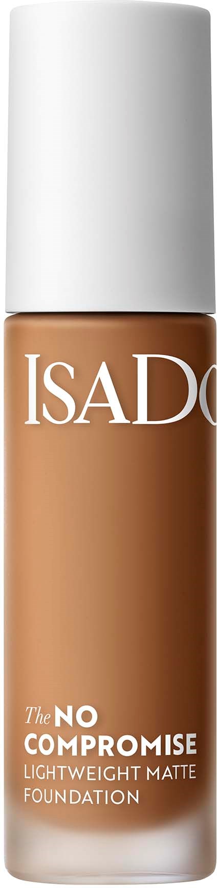 Een fles Isado lichte matte foundation in een bruin tint met wittedop.