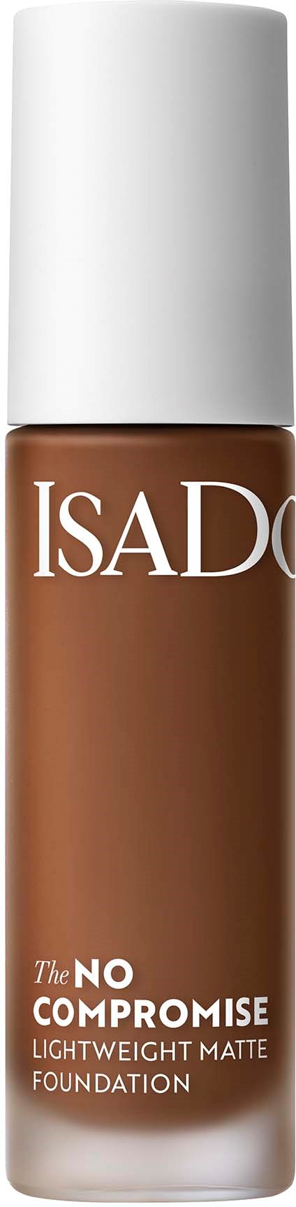 En flaska ISAD makeup foundation i brun nyans med vit lock.