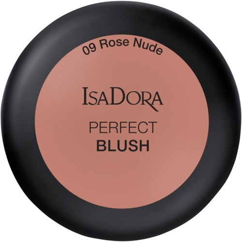 En rund blushemballasje med svart lokk, merket 'ISADORA PERFECT BLUSH' i midten. Det antyder en nyanse kalt '09 Rose Nude.'