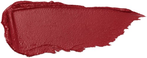 Ein Streifen roter Lippenstift oder Farbe auf weißem Hintergrund mit Textur und ungleichmäßigen Kanten.