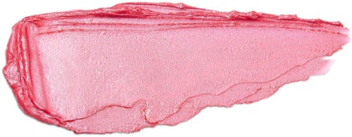 Ein Strich rosa Lippenstift mit glänzender, glatter Oberfläche und spitz zulaufender Form auf schwarzem Hintergrund.