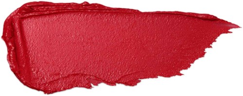 Ein hellroter Lippenstiftstrich auf weißem Hintergrund. Der Lippenstift hat eine glatte, glänzende Textur und wird zum Ende dünner.
