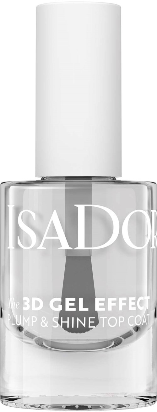 A clear glass nail polish bottle with white cap, labeled "SADO" and "3D Gel Effect" for shiny top coat.