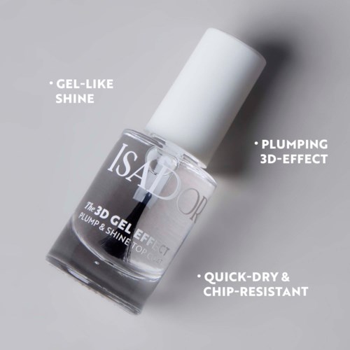 Nail polish bottle with gel-like shine, 3D plumping effect, quick-drying and chip-resistant features.