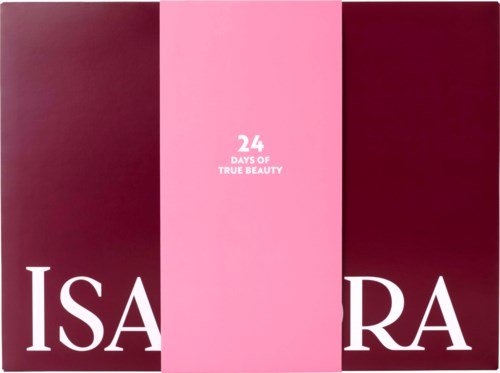 Merkkiensäiliö, jossa pinkki keskiosa lukee 24 Days of True Beauty ja suuret valkoiset kirjaimet IsaRa.