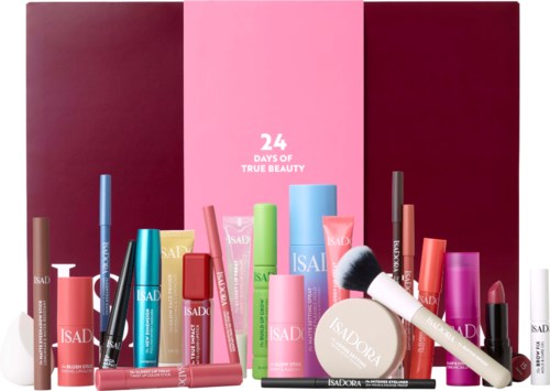 Meikkituotteita ja ihonhoitotuotteita eri väreissä, edessä pinkki ja burgundinpunainen laatikko, jossa teksti 24 DAYS OF TRUE BEAUTY.