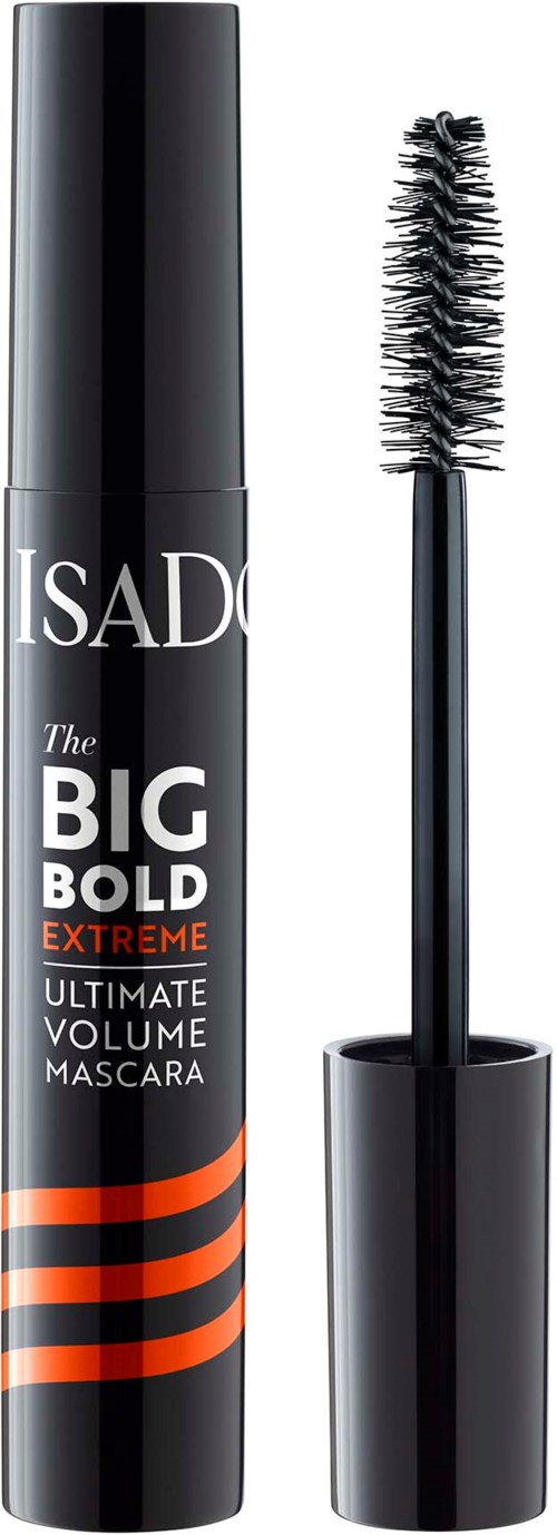 Een mascara-buis met een gebogen spoolie, zwart met oranje en witte tekst en ontwerp, gemerkt IsaDó Big Bold Extreme.