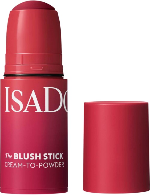 Röd deodorantstång med rosa lock, märkt ISADO The BLUSH STICK CREAME-TO-POWDER.
