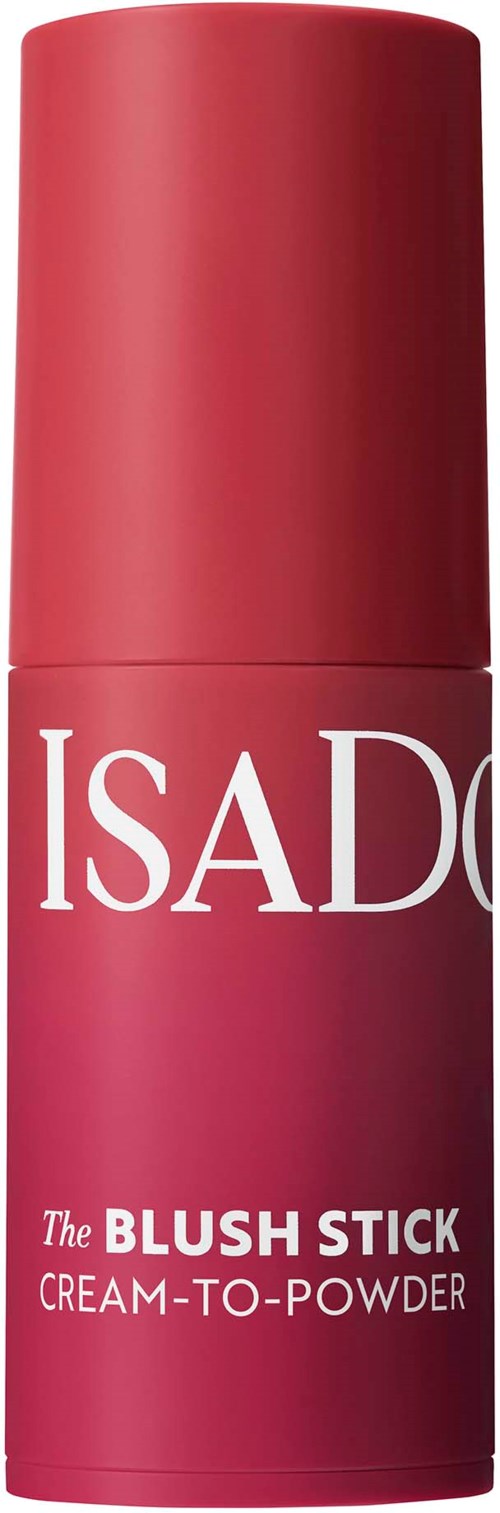 En rosa cylindrisk kosmetisk penna märkt Isado, kallad The Blush Stick, kräm till puder form.