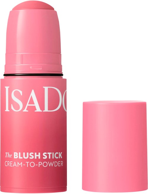 En rosa blush-sticka med lock, märkt ISADQ, avsedd för kräm- till pudermakeup.