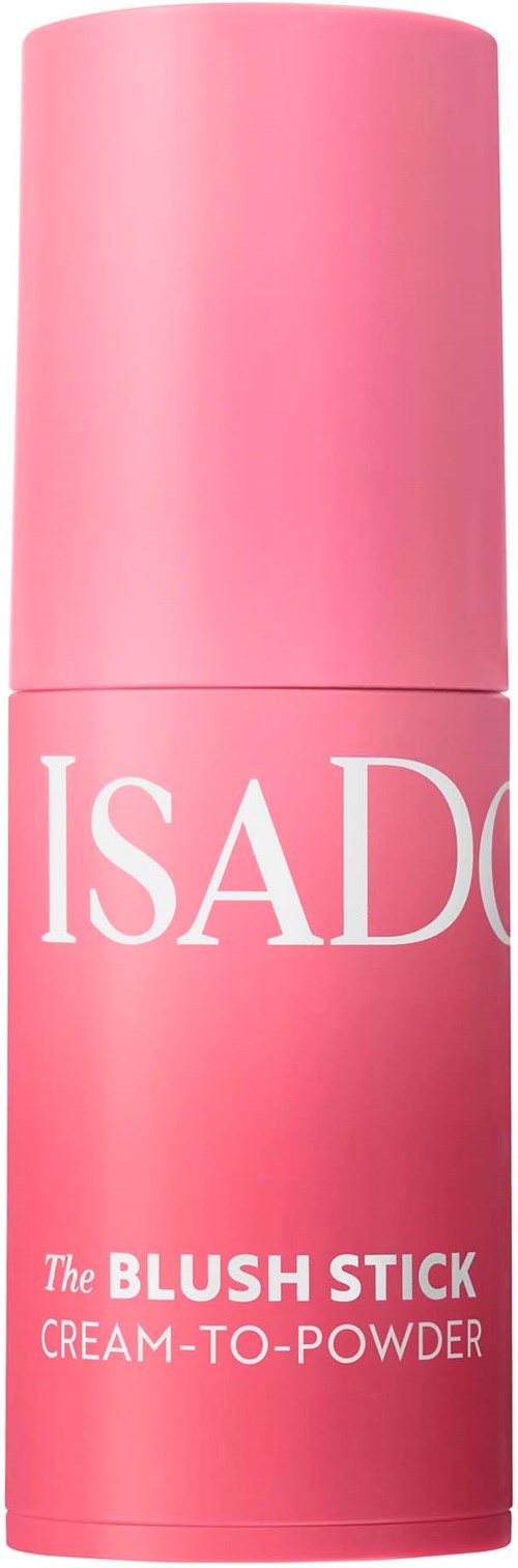 Rosa stiftbehållare med vit och rosa text för Isadora blush stick kräm till puder smink.