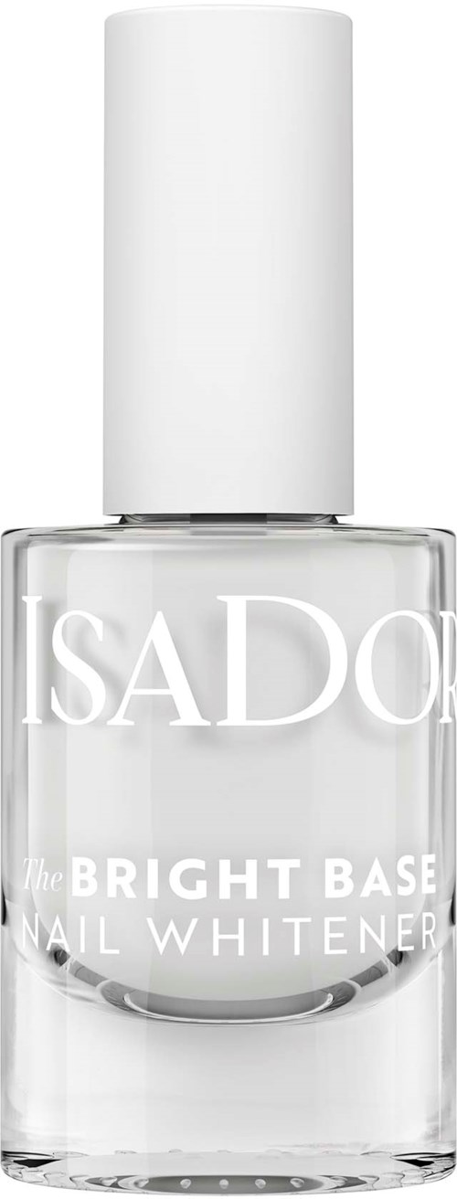 Przezroczysta butelka lakieru do paznokci z białym capem, oznaczona 'SADO The Bright Base Nail Whitener.'