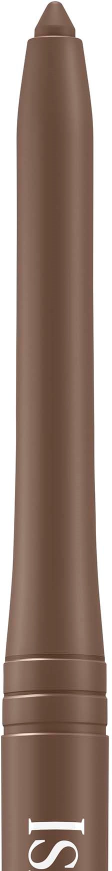 Ett brunt läppstift i en smal, cylindrisk behållare med gyllene ringar nära basen.