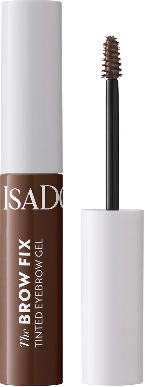 Eine braune getönte Augenbrauen-Gel mit weißem Deckel und sichtbarster Bürstenapplikator. Text: 'The Brow Fix' von ISADORA.
