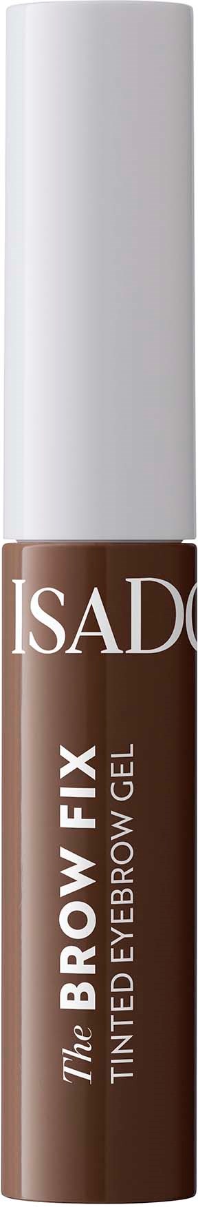 Ein brauner Stift mit der Aufschrift "The Brow Fix Tinted Eyebrow Gel" von Isado vor schwarzem Hintergrund.