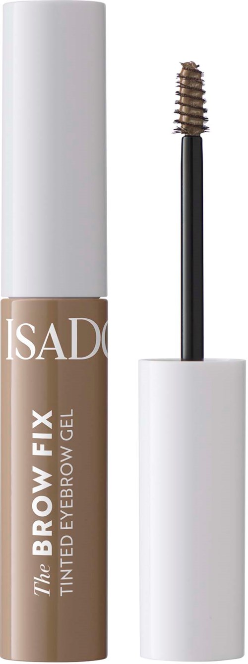 A beige eyebrow gel with a white cap and a built-in brush for application.