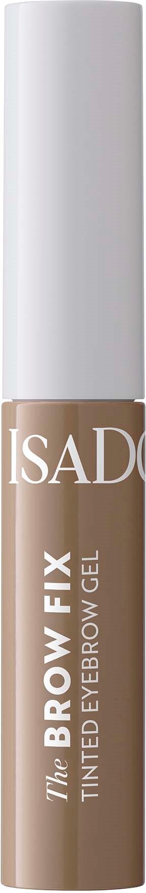 A brow gel product in a tube with a beige label and white cap, labeled "The Brow Fix" by ISAD.