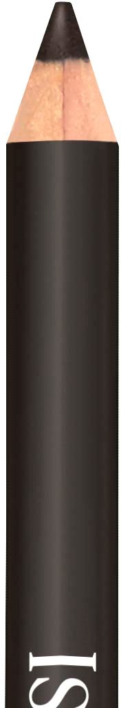 A black pencil with a sharpened tip and white text on its side.