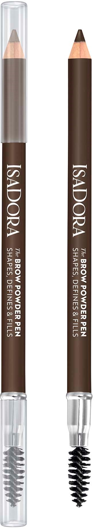 Two eyebrow pencils, one with a clear cap and a comb, the other with a black tip for shaping. Brown color.