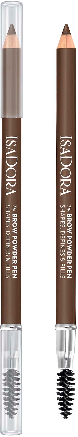 Two brown eyebrow pencils, one with a spoolie brush and one with a felt tip, labeled "Isa Dora".