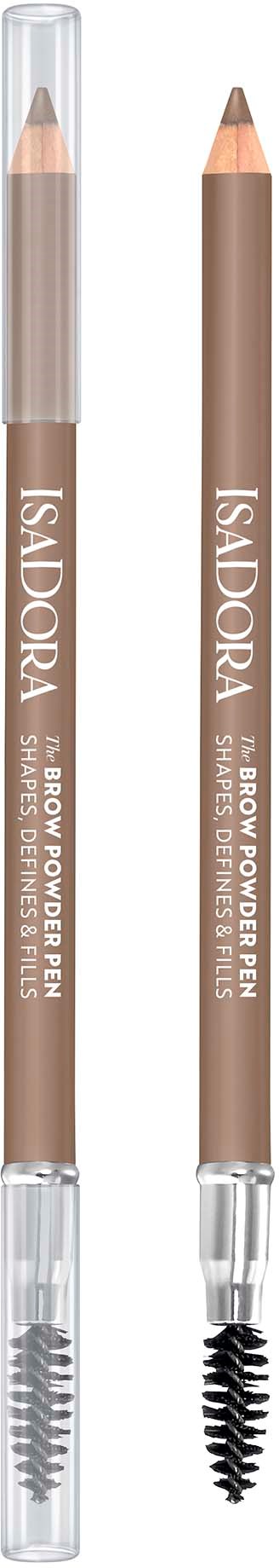 Two eyebrow pencils, one with a spoolie brush, both in beige color, labeled 'Isadora', with white text.
