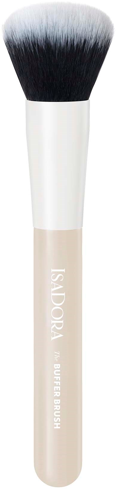 En makeuppensel med svart och vitt fluffigt huvud och ett beige handtag. Handtaget har märke namnet 'ISADORA' skrivet på det.