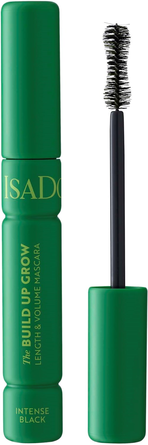 Mascara tube with a brush applicator, labeled "The Build Up Crow" for volume and length, in green color.