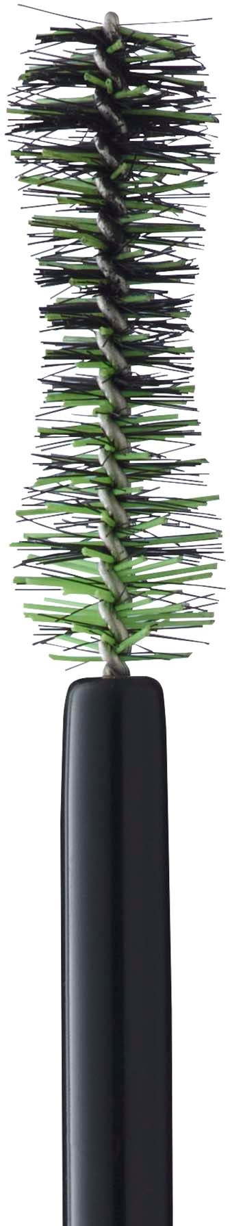 A plant brush with black handle and long green and purple bristles inside a black container.