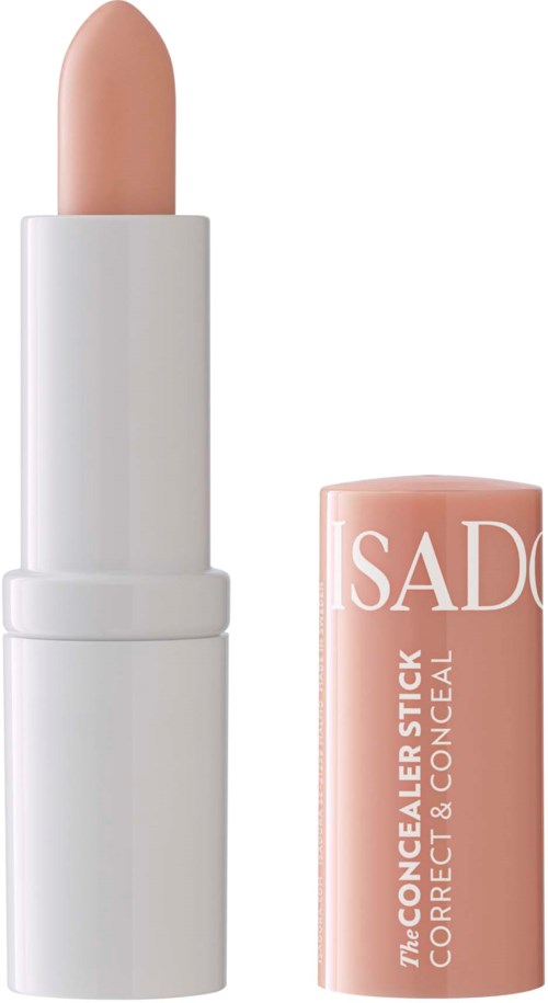 Ein beige Lippenstift in einer weißen Hülse mit rosa Deckel, als Concealer-Stick für Makel.