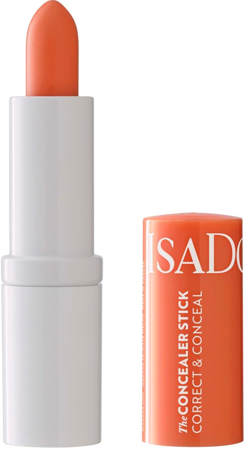 Ein pfirsichfarbiger Lippenstift mit weißer Basis und passendem Deckel, der "SADO" und "Correct & Conceal" sagt.