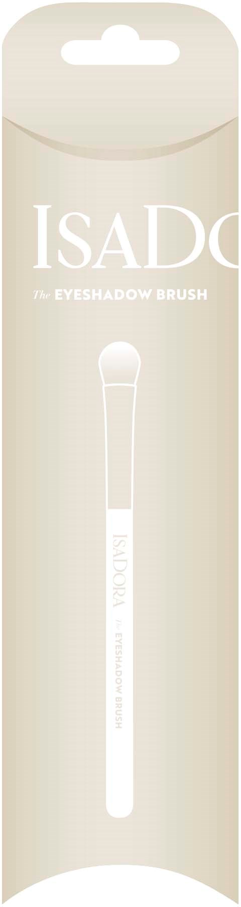 Een witte oogschaduwkwast in beige verpakking met merknaam ISAD en tekst 'The Eyeshadow Brush'.