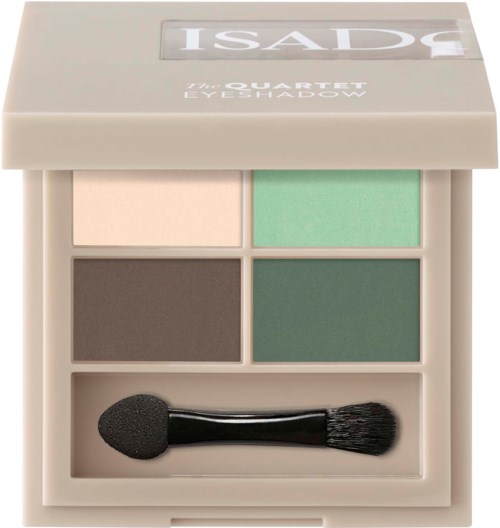 Een make-up palette met vier groen en grijs oogschaduw en een klein zwart kwastje.
