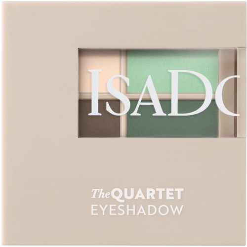 Een neutrale vierkante doos met een venster die verschillende tinten oogschaduw toont, met de tekst "The Quartet Eyeshadow".