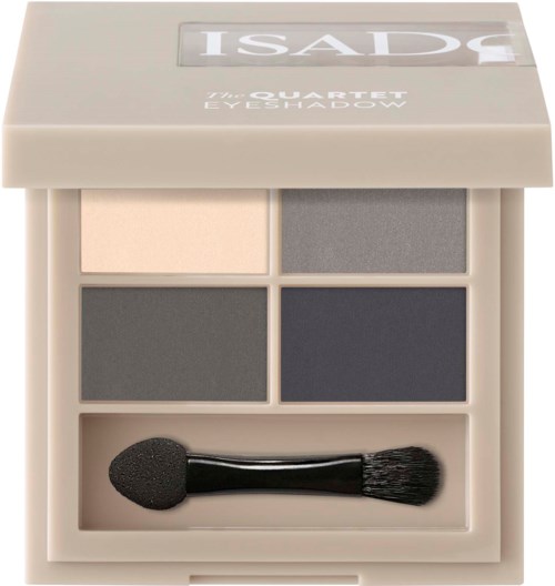 A small eyeshadow palette with four shades and a dual-ended brush. The shades are light and dark gray tones.