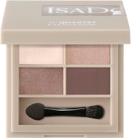Eine beige Lidschattenpalette mit vier Farbtönen und einem kleinen Applikatorpinsel.