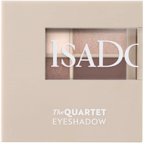Eine beige Lidschattenpalette mit vier Farbtönen und dem Markennamen ISADQ. Das Produkt heißt The Quartet Eyeshadow.