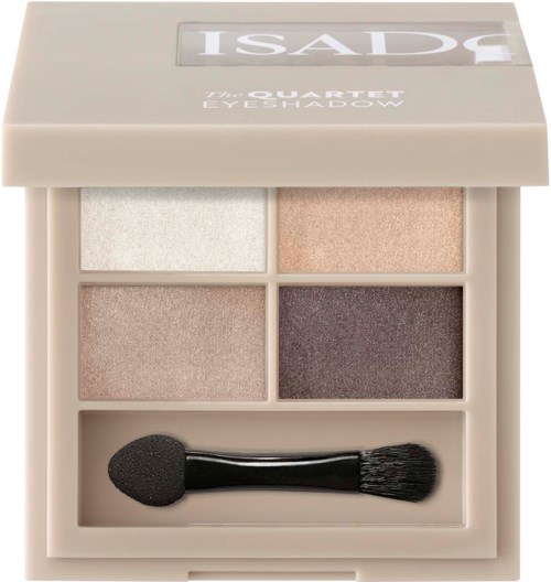 A small eyeshadow palette with four different shades and a dual-ended brush.