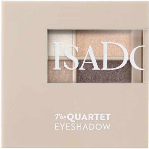 A beige box contains four eyeshadow shades, labeled 'ISADC' with the words 'The QUARTET EYESHADOW' on it.