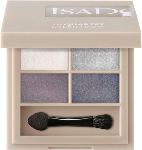 An eyeshadow palette with four different shades and a small blending brush.