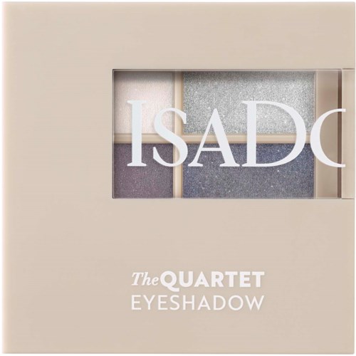 A neutral-colored box contains four shimmering eyeshadow shades labeled 'ISADQ' and 'The QUARTET EYESHADOW.'