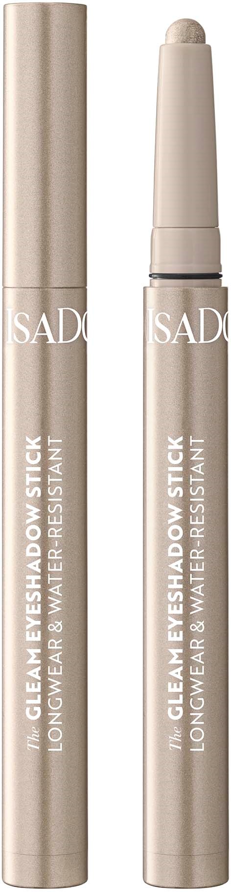 A beige eyeshadow stick and its silver tube container with white text on both.