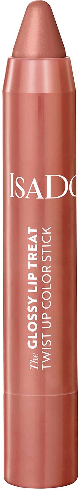 Glossy lip stick in a soft pink shade with white text, labeled as IsaDOR twist up color stick.