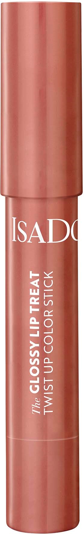 A rose-colored lip stick with white text, called ISAD, for shiny and colorful lips.